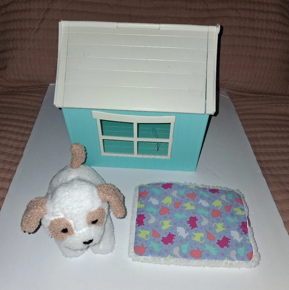 Our Generation Aqua and White Dog House Set with Plush Toy Pre-owned Good Condit